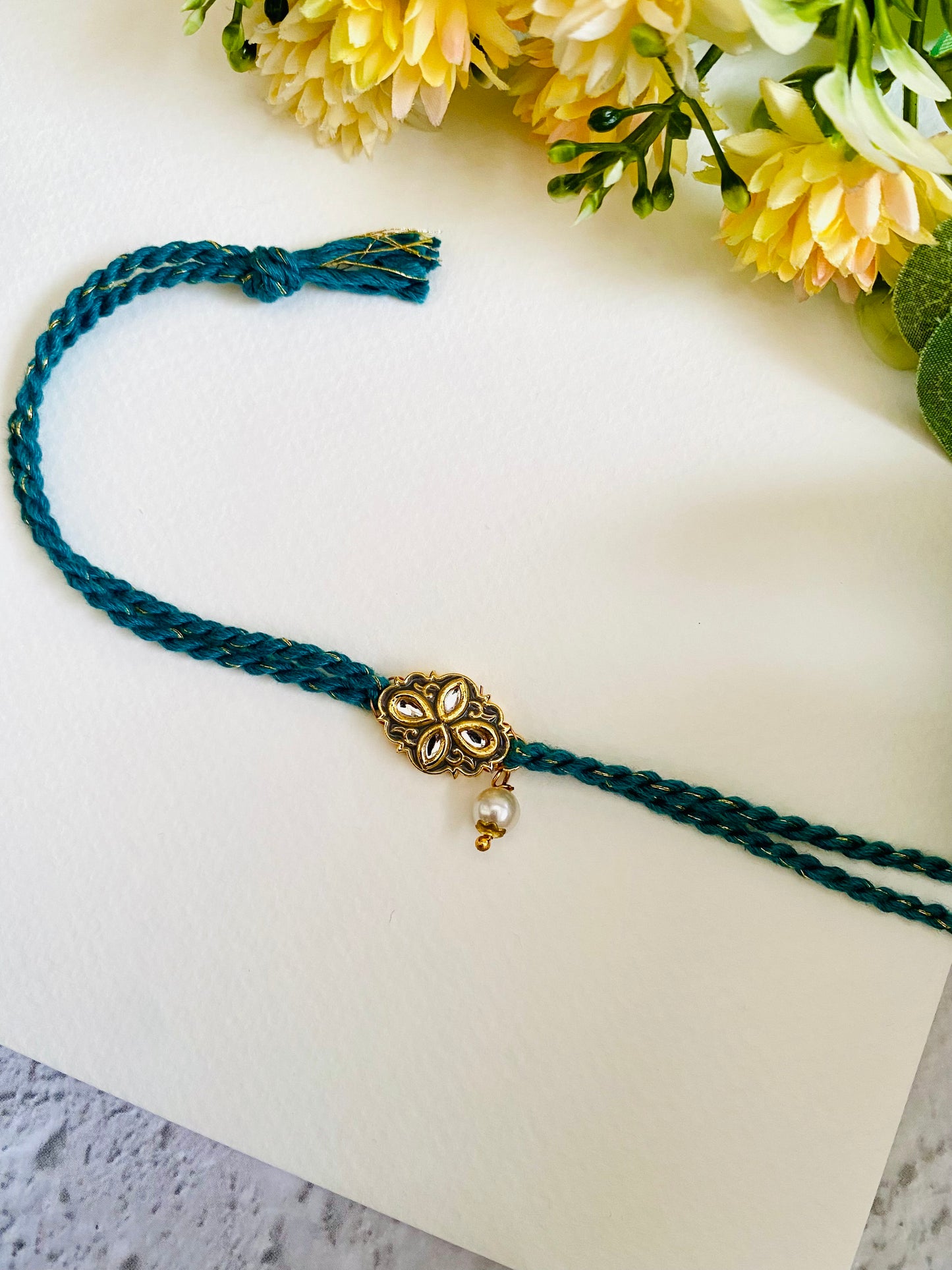 Grey And Teal Green Meena Kundan Bhabhi Rakhi