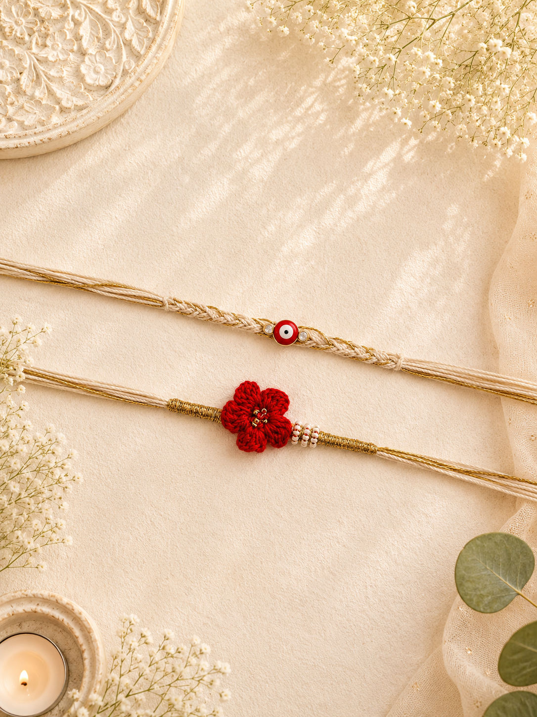 Evil Eye And Crochet Flower Bhai Bhabhi Rakhi Set