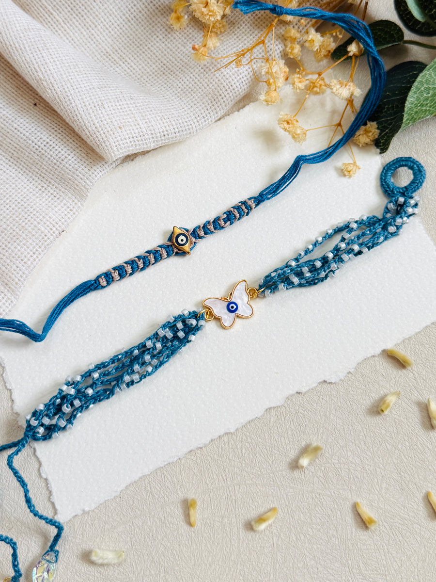 Charm And Butterfly Evil Eye Bhai Bhabhi Rakhi Set