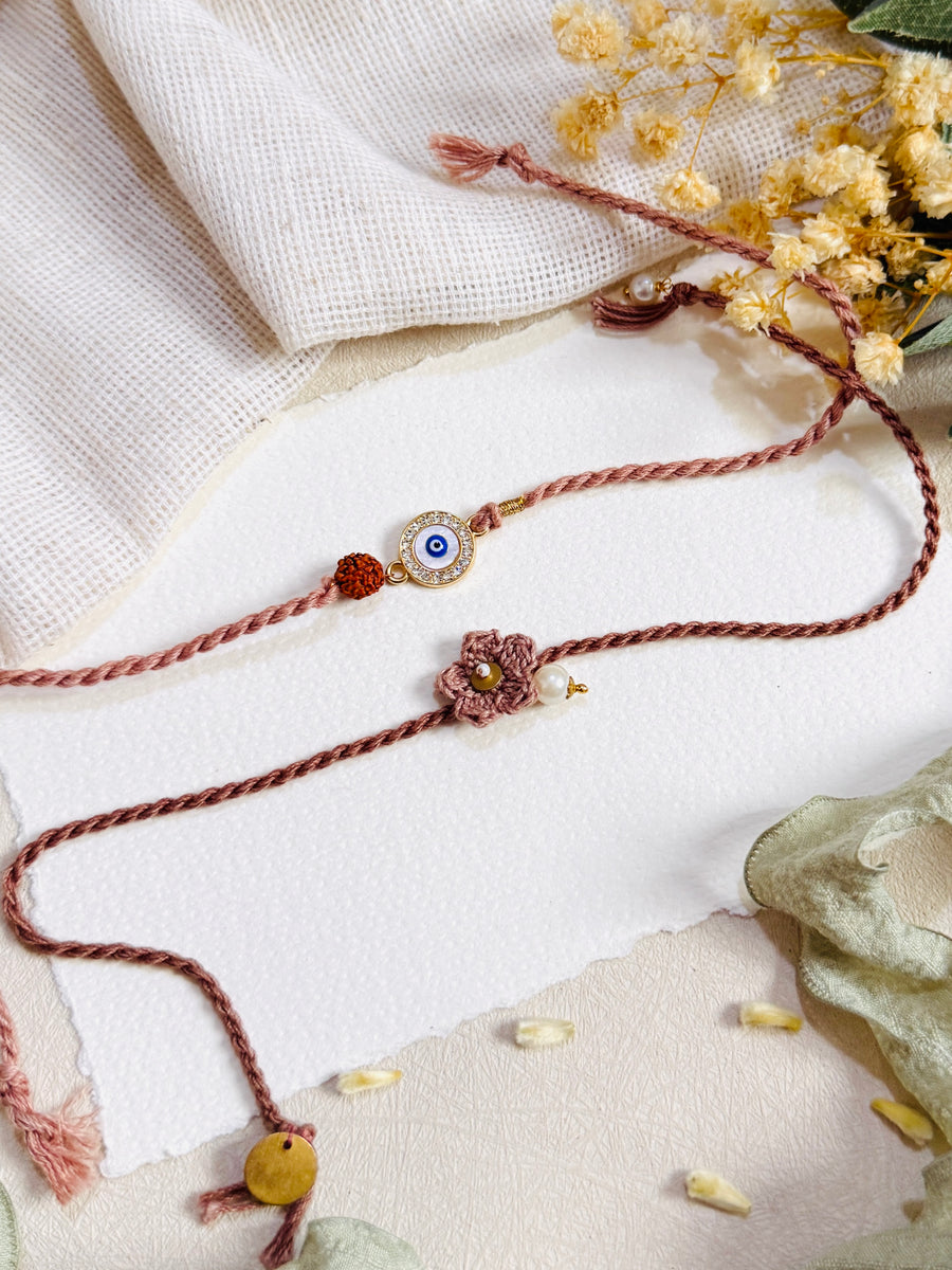 Evil Eye and Crochet Flower Designer Bhai Bhabhi Rakhi Set