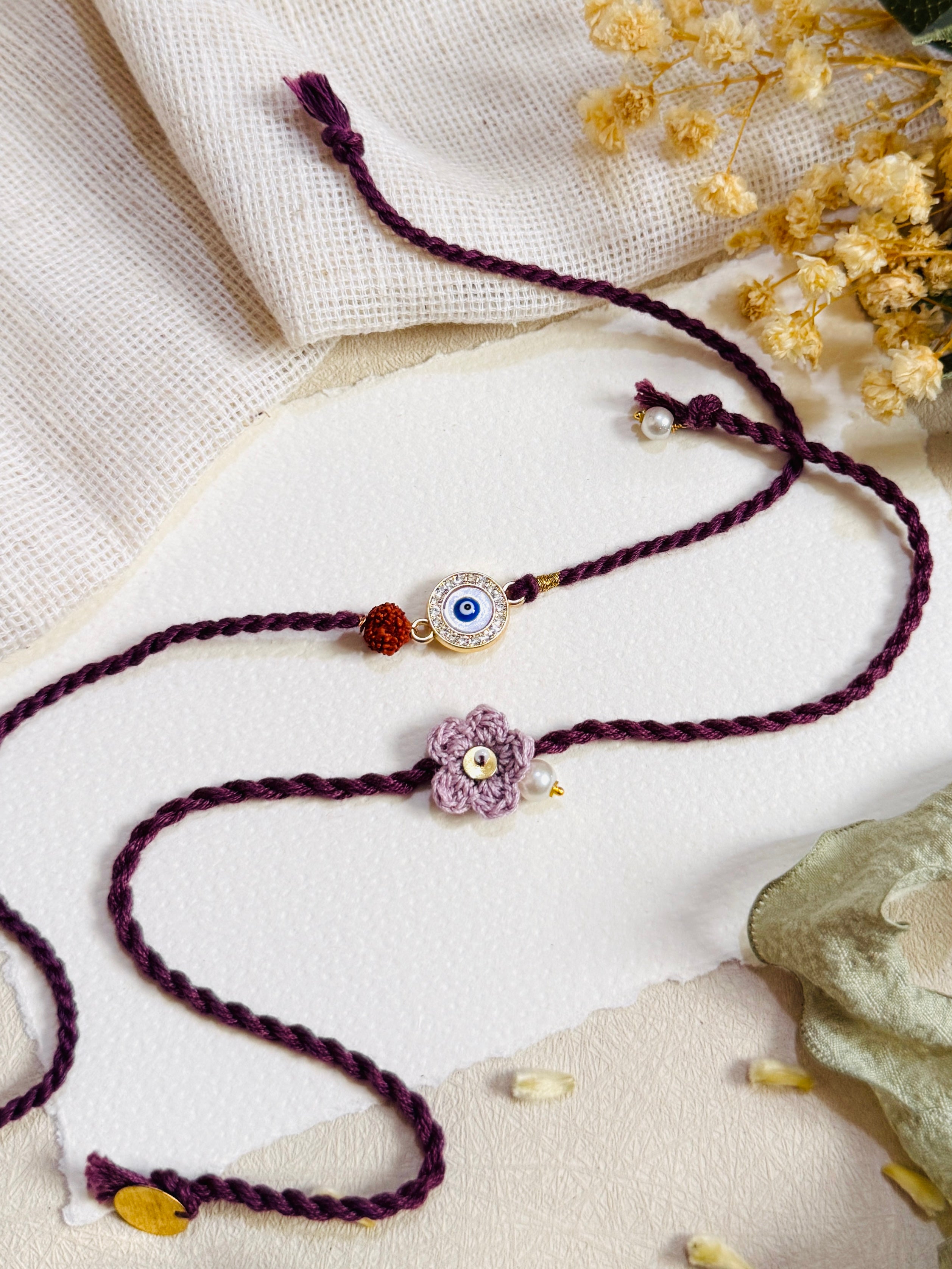 Evil Eye and Crochet Flower Designer Bhai Bhabhi Rakhi Set
