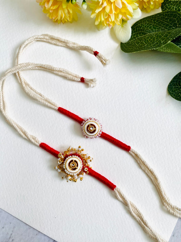 White Meena Kundan Bhai Bhabhi Rakhi Set