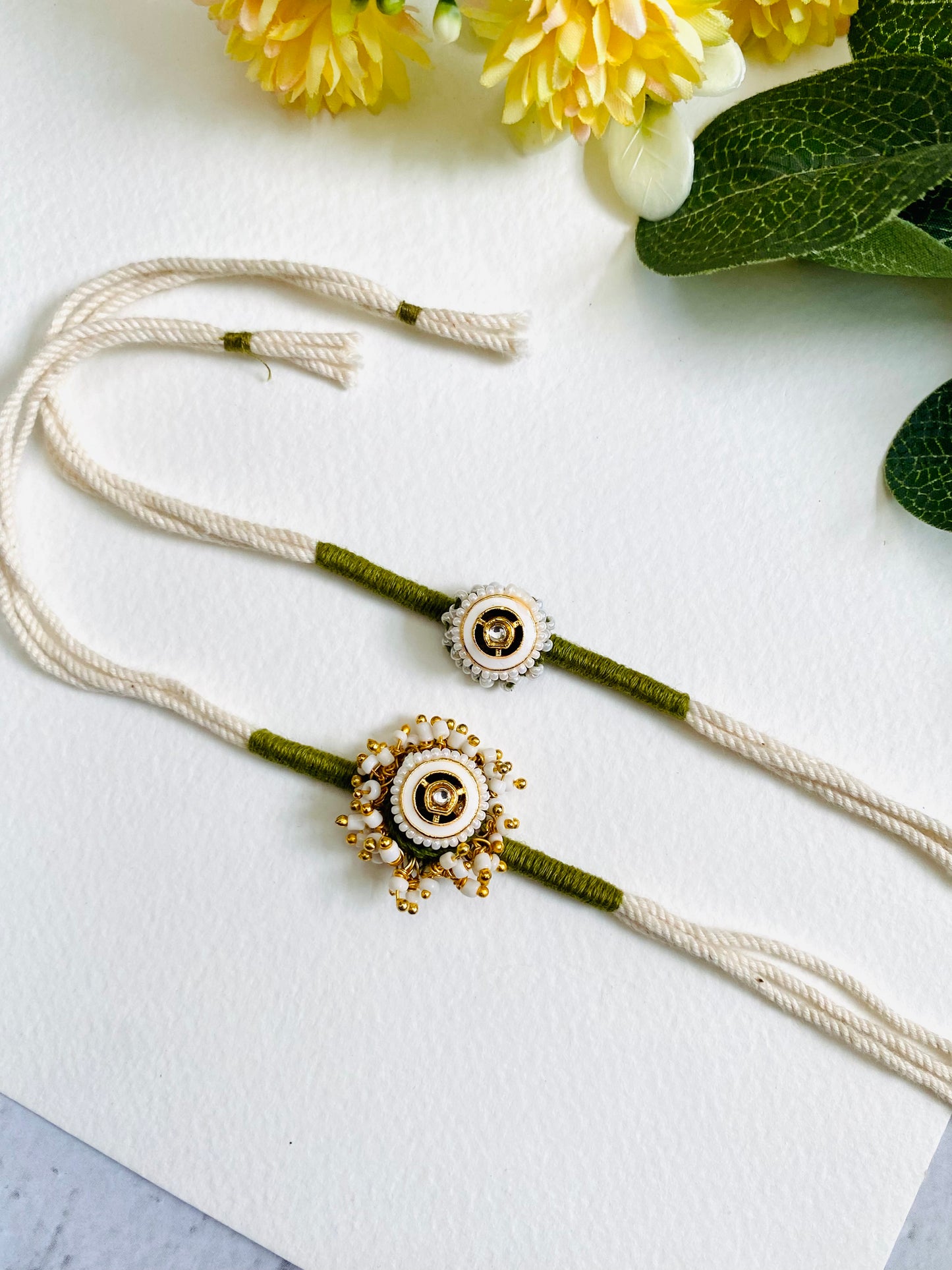 White Meena Kundan Bhai Bhabhi Rakhi Set