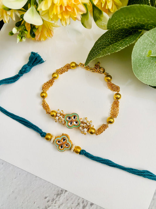 Four petal flower Meena Kundan Bhai bhabhi Rakhi set