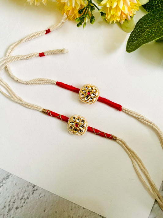 White Sqaure Meena Kundan Bhai Bhabhi Rakhi Set