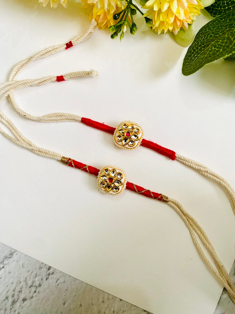 White Sqaure Meena Kundan Bhai Bhabhi Rakhi Set