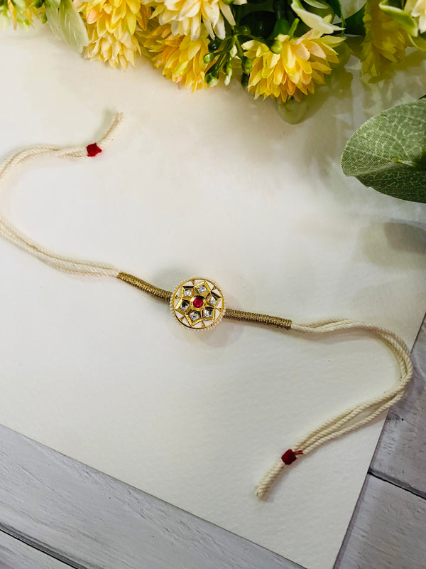 Six petal round Meena Kundan Bhai Rakhi