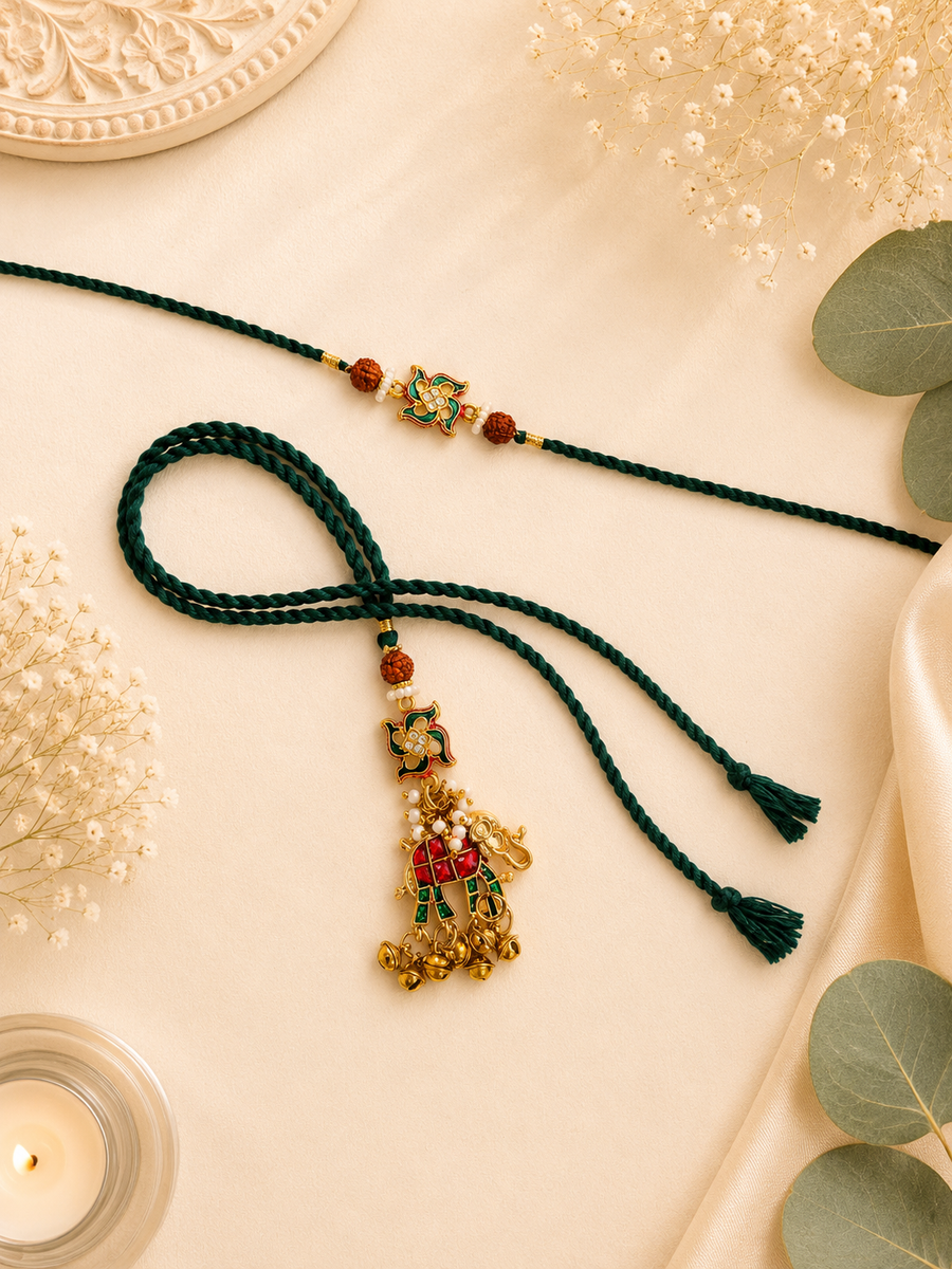 Swastik And Elephant Kundan Bhai Bhabhi Rakhi Set