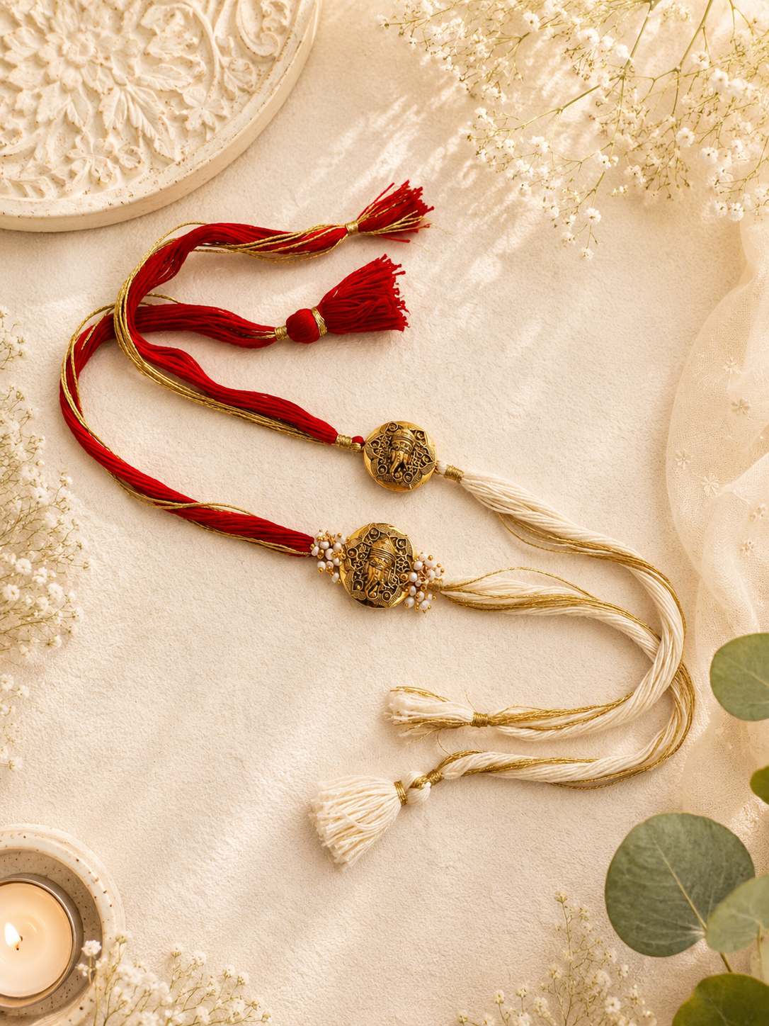 Golden Ganesha Grace Bhai Bhabhi Rakhi Set