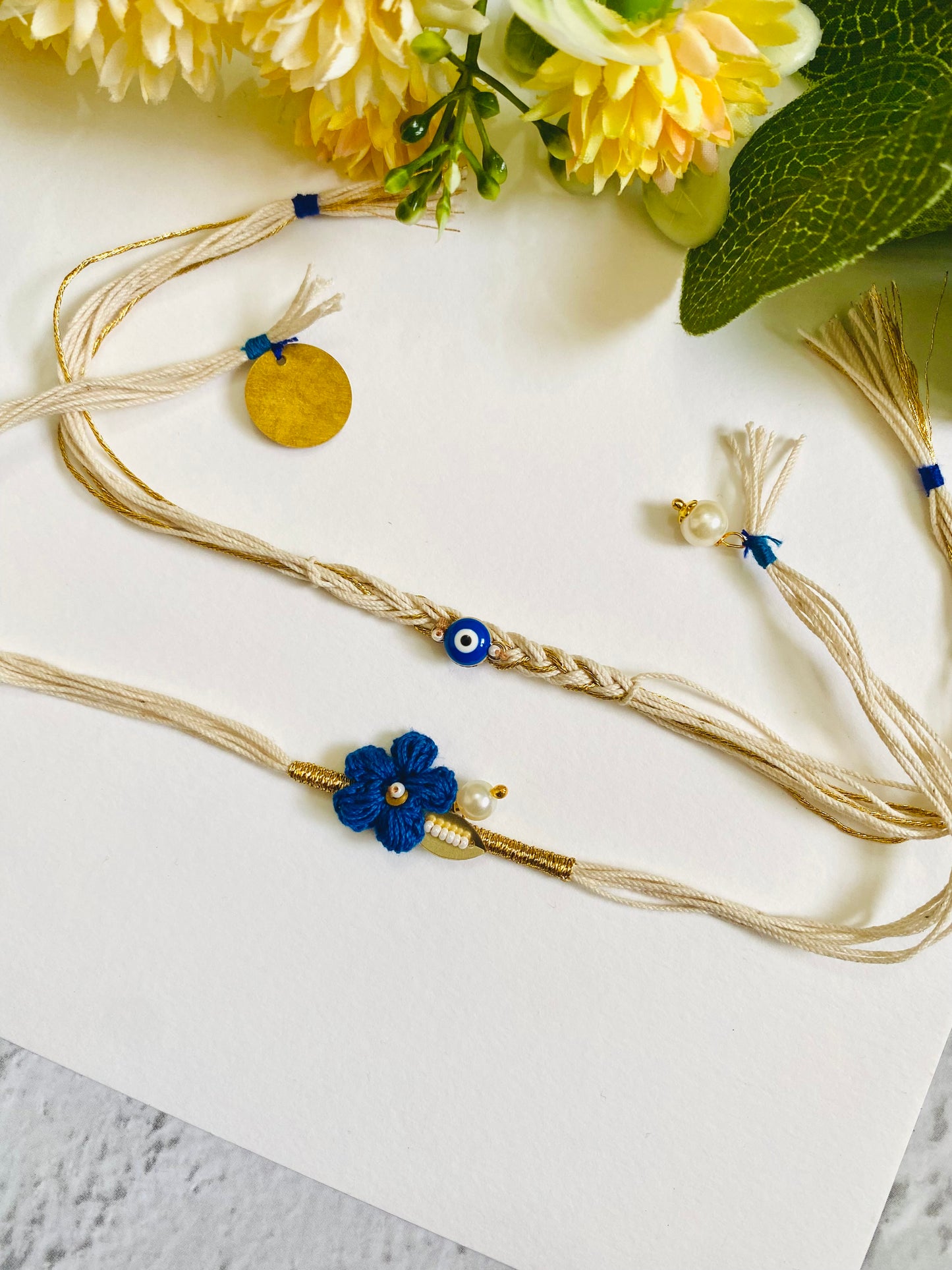 Evil Eye Crochet Flower Designer Bhai Bhabhi Rakhi Set