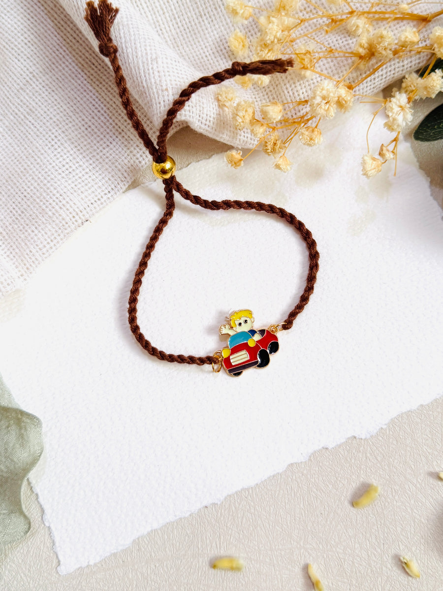 Car And Boy Golden Charm Kids Rakhi
