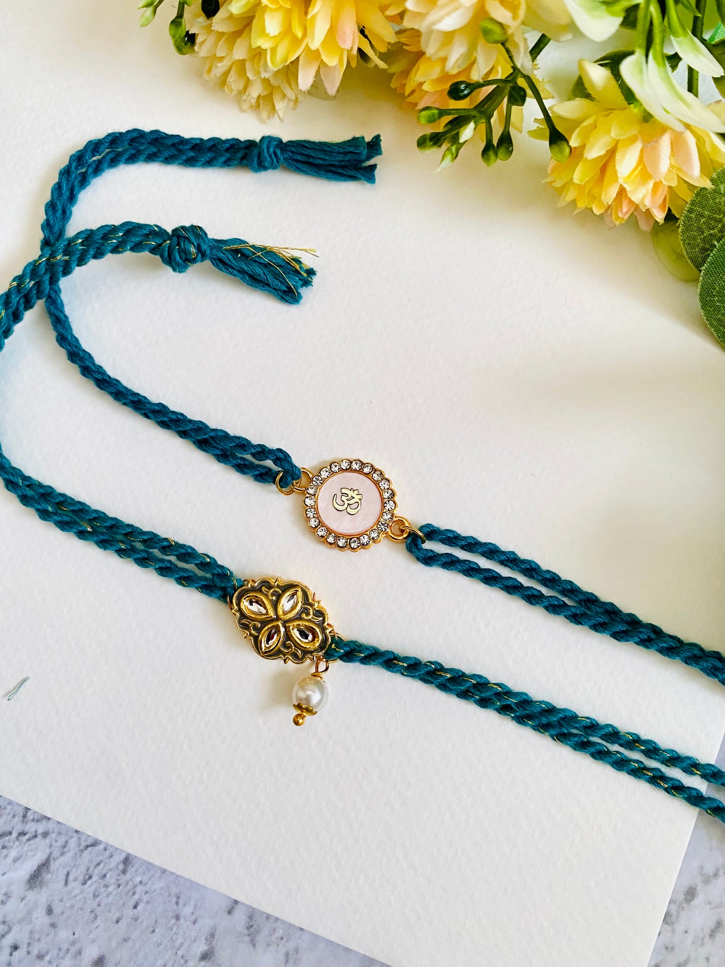 Om White And Meena Kundan Bhai Bhabhi Rakhi set