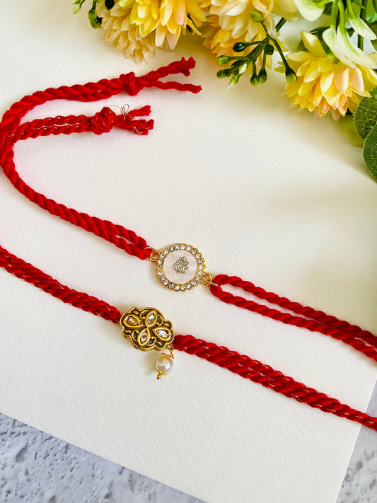 Ganesha White And Meena Kundan Bhai Bhabhi Rakhi set