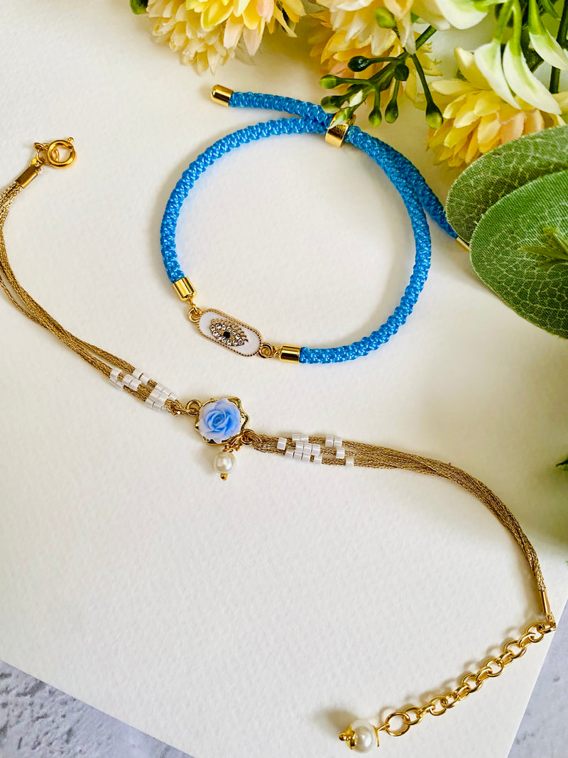 Evil Eye And ROse Bracelet Bhai Bhabhi Rakhi Set