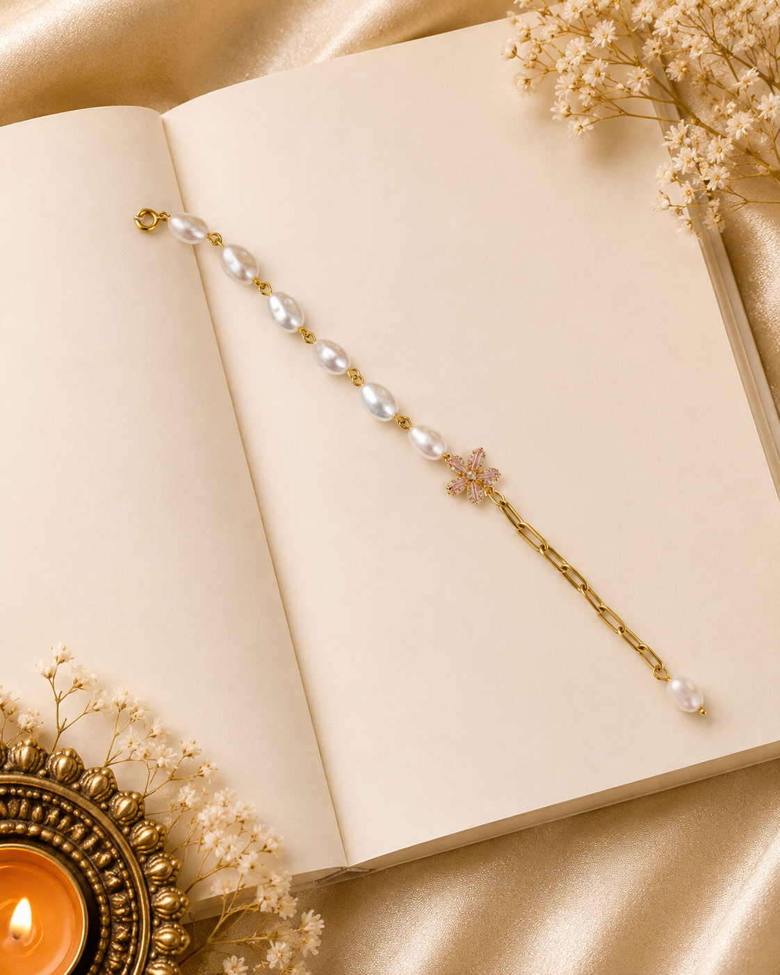 Pink Flower diamond Anti-Tarnish Bracelet Bhabhi Rakhi