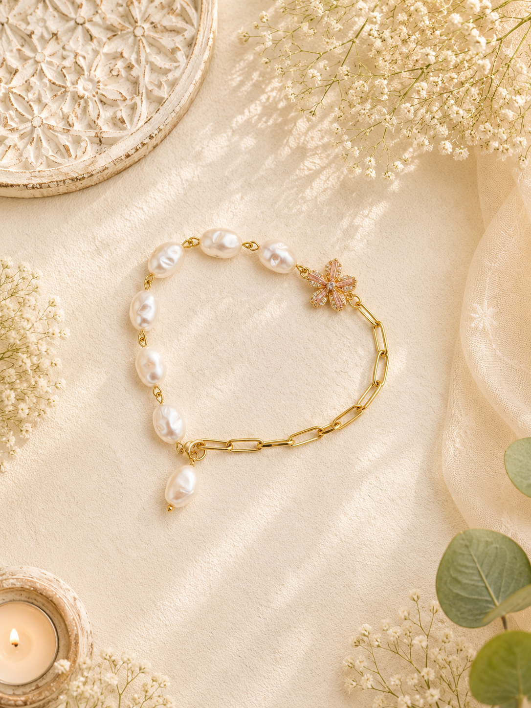 Pink Flower diamond Anti-Tarnish Bracelet Bhabhi Rakhi