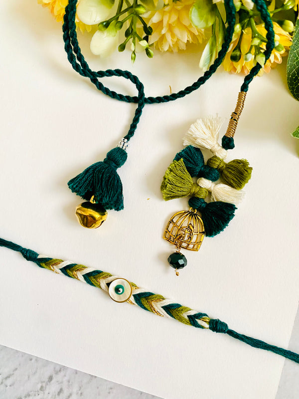 Designer Braid Evil Eye And Lumba Bhai Bhabhi Rakhi Set