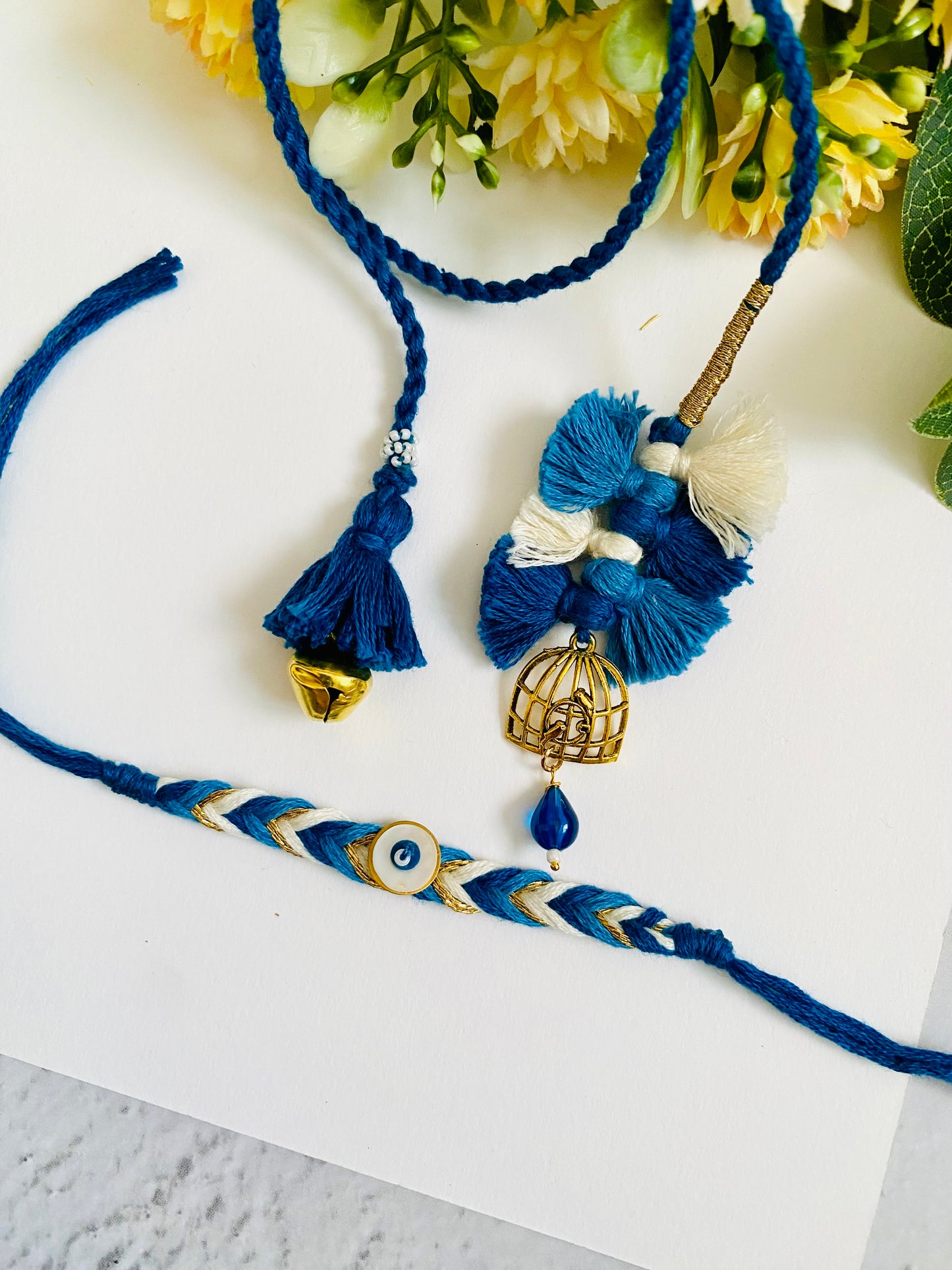 Designer Braid Evil Eye And Lumba Bhai Bhabhi Rakhi Set