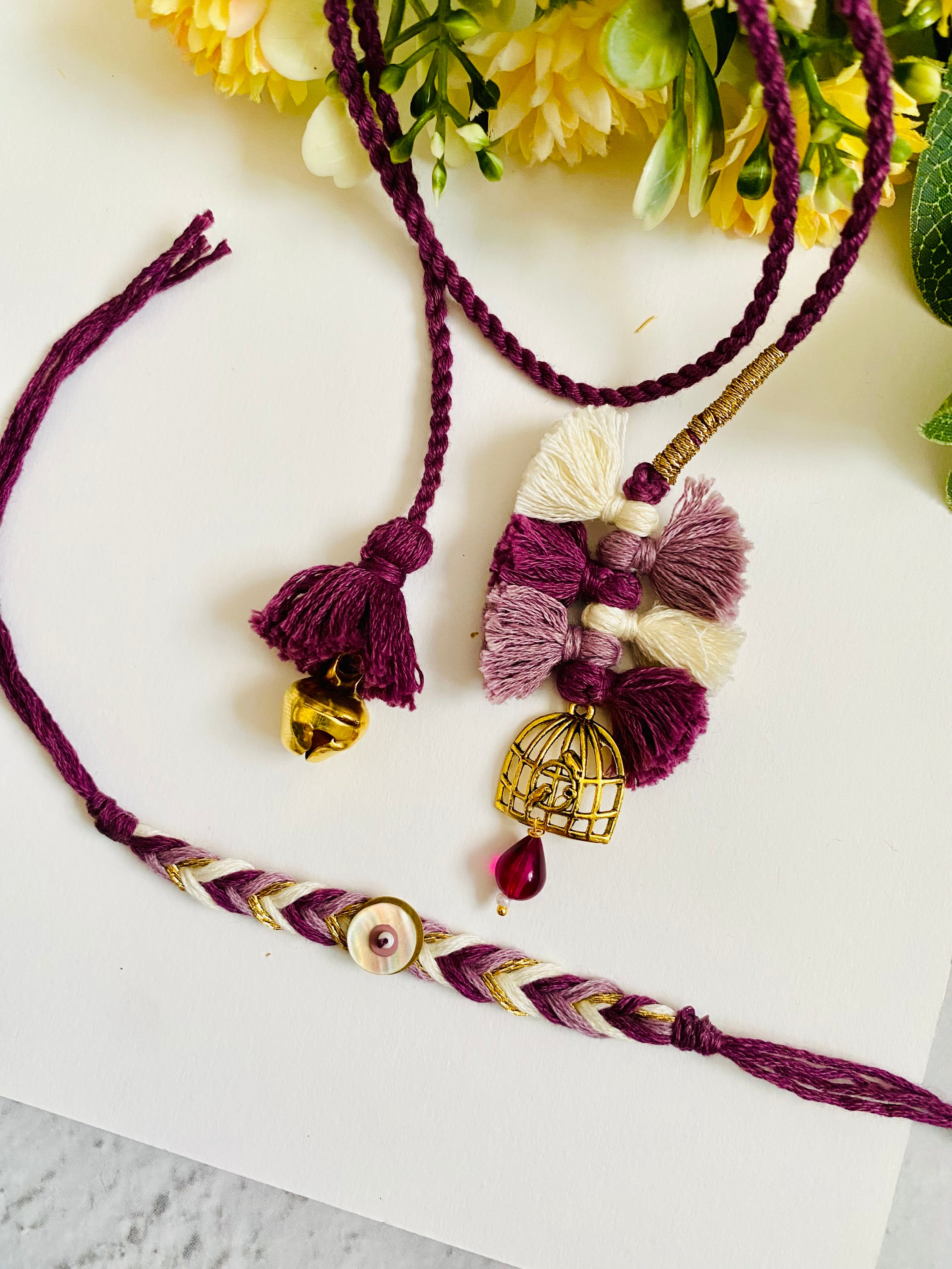 Designer Braid Evil Eye And Lumba Bhai Bhabhi Rakhi Set