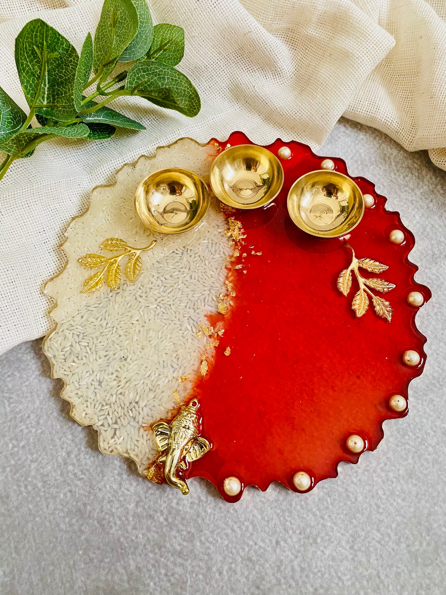 Red and White Resin Pooja Thali