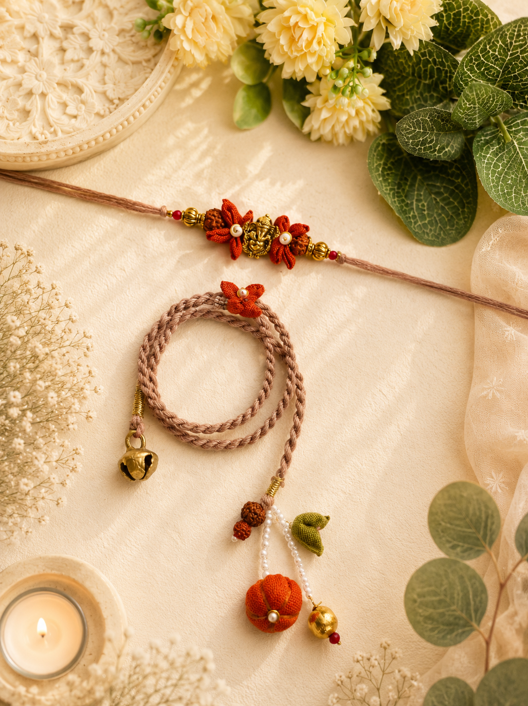 Ganesha And Flower Designer Lumba Bhai Bhabhi Rakhi Set