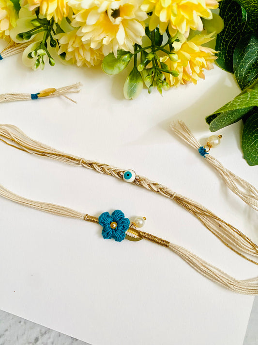 Evil Eye Crochet Flower Designer Bhai Bhabhi Rakhi Set