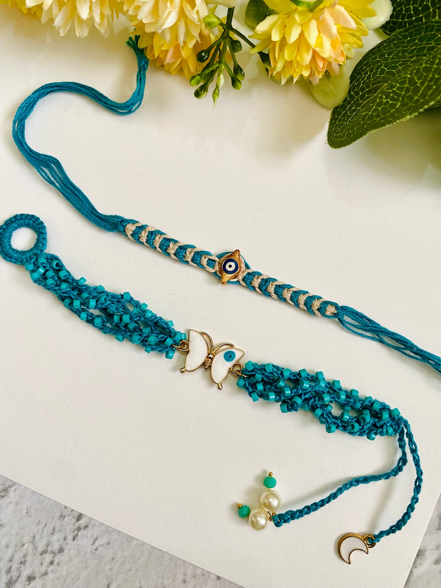 Charm Evil Eye Knotting And Crocheting Sea Blue Band Bhai Bhabhi Rakhi Set