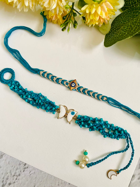 Charm Evil Eye Knotting And Crocheting Sea Blue Band Bhai Bhabhi Rakhi Set