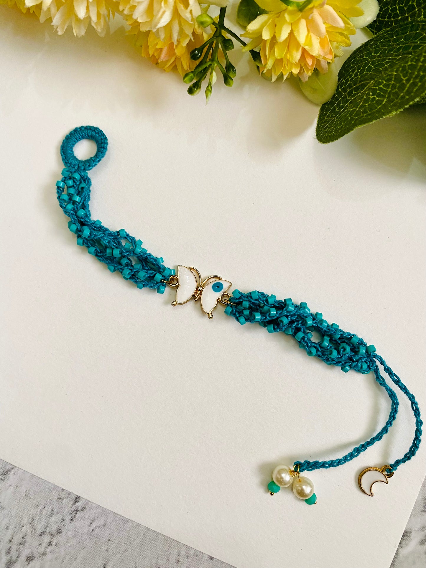 Butterfly Evil Eye Crocheting Sea Blue Band Bhabhi Rakhi
