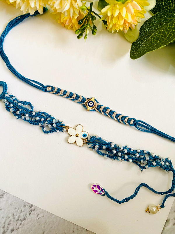 Charm Evil Eye Kontting And Crocheting Blue Band Bhai Bhabhi Rakhi Set