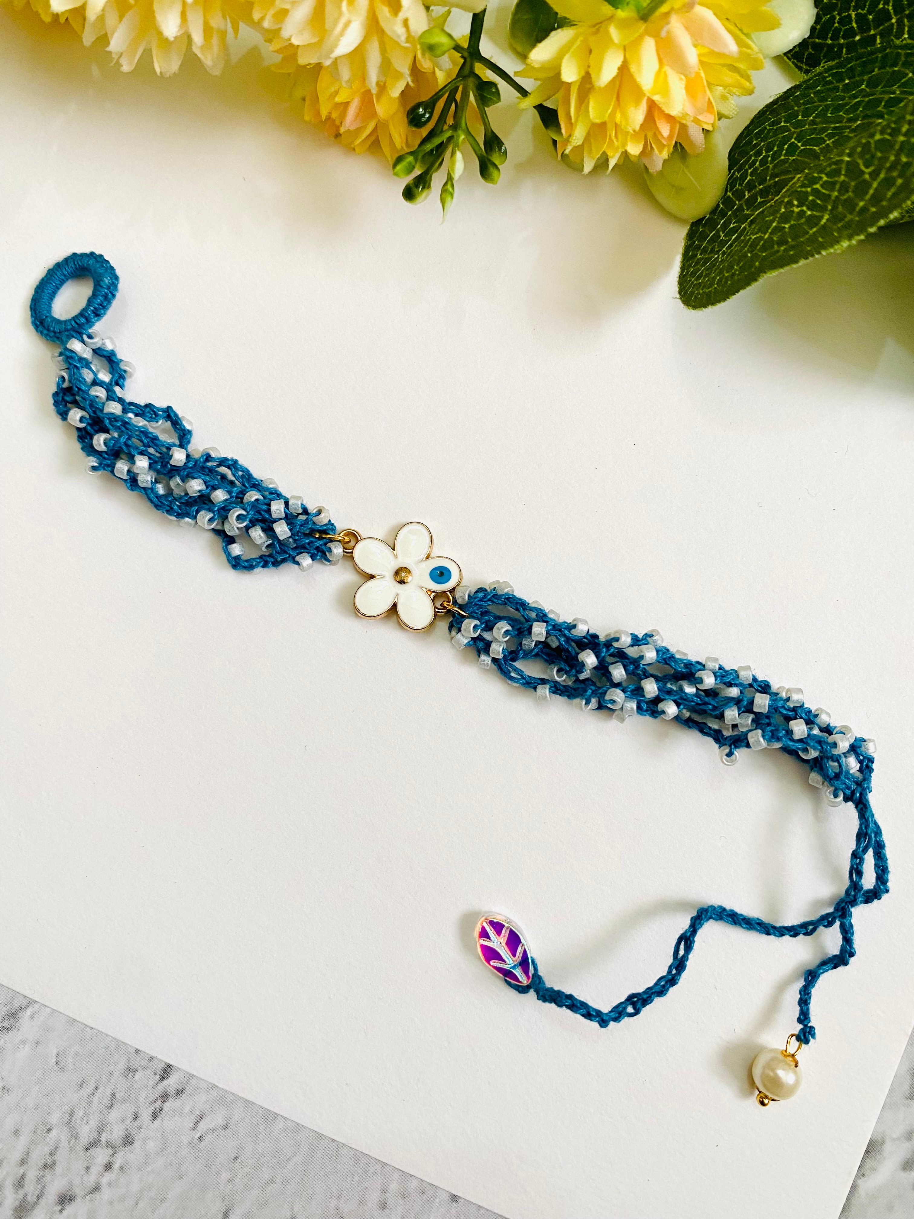 Charm Evil Eye Crochet Bead Blue Band Bhabhi Rakhi