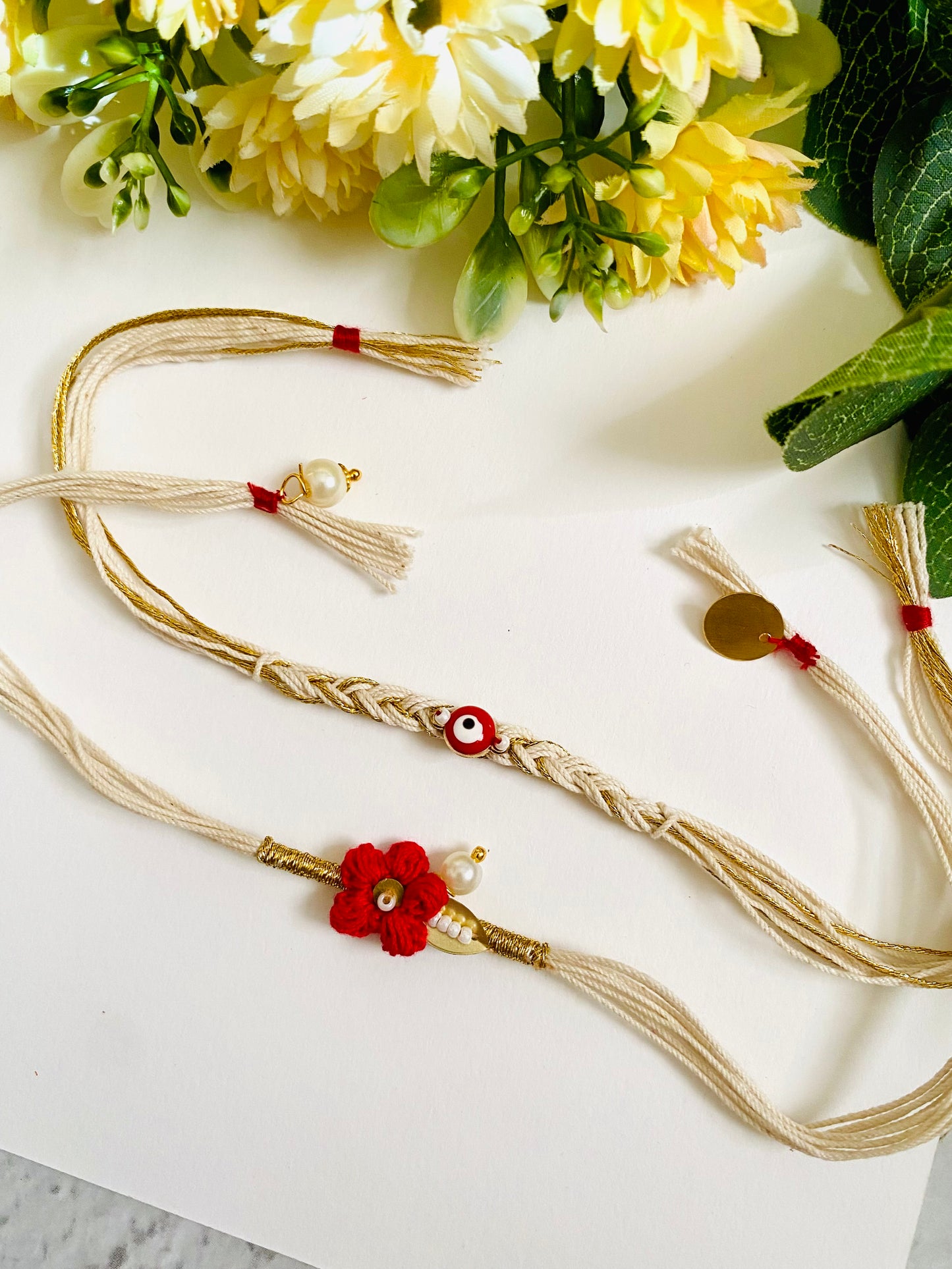 Evil Eye Crochet Flower Designer Bhai Bhabhi Rakhi Set