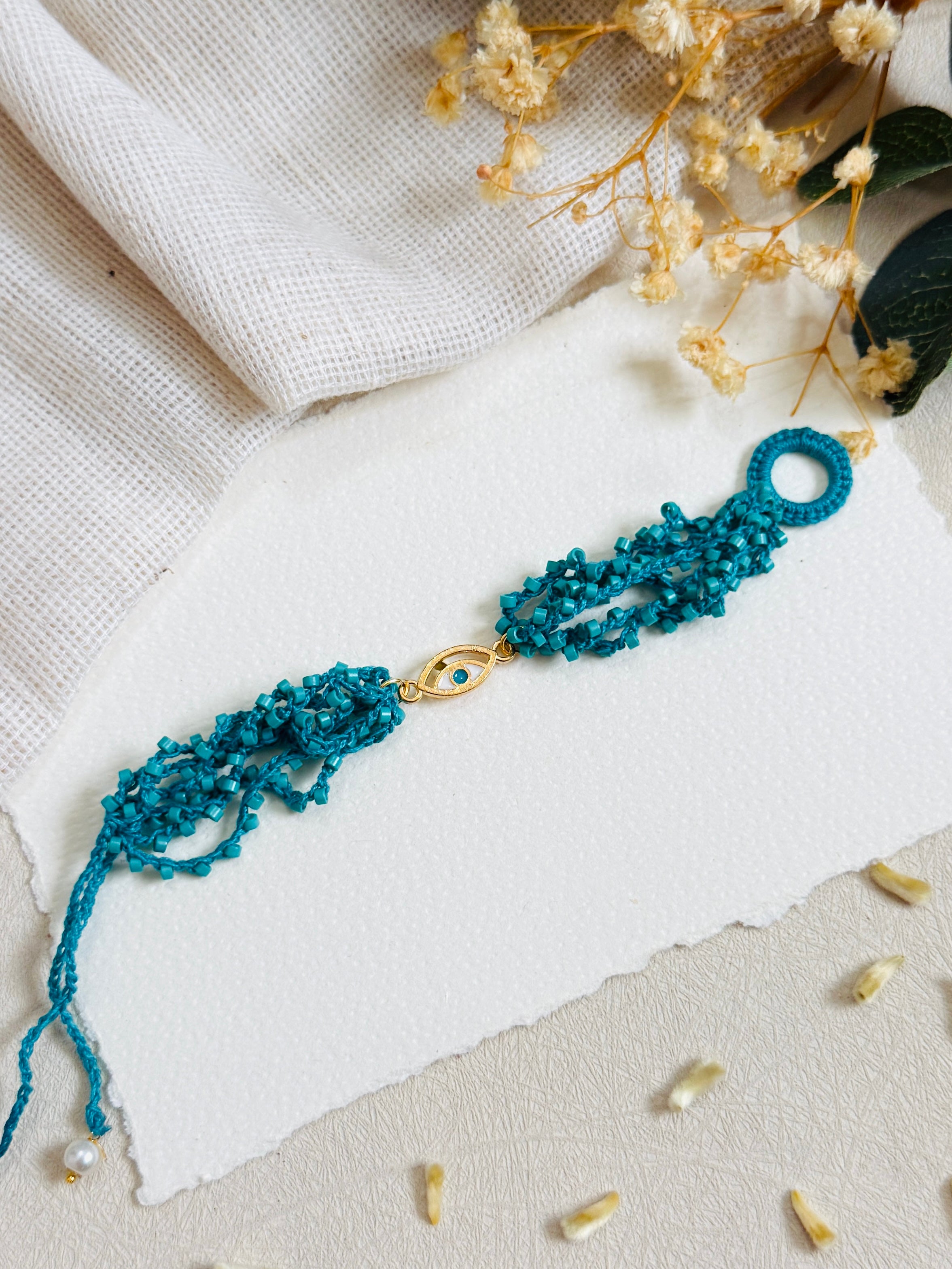 Golden Evil Eye Crochet Bead Blue Band Bhabhi Rakhi