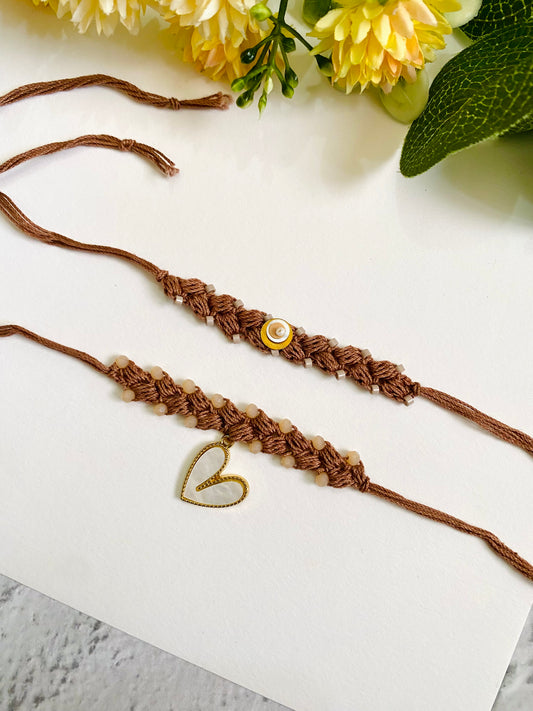 Heart Charm Crochet Band Bhai Bhabhi Rakhi Set