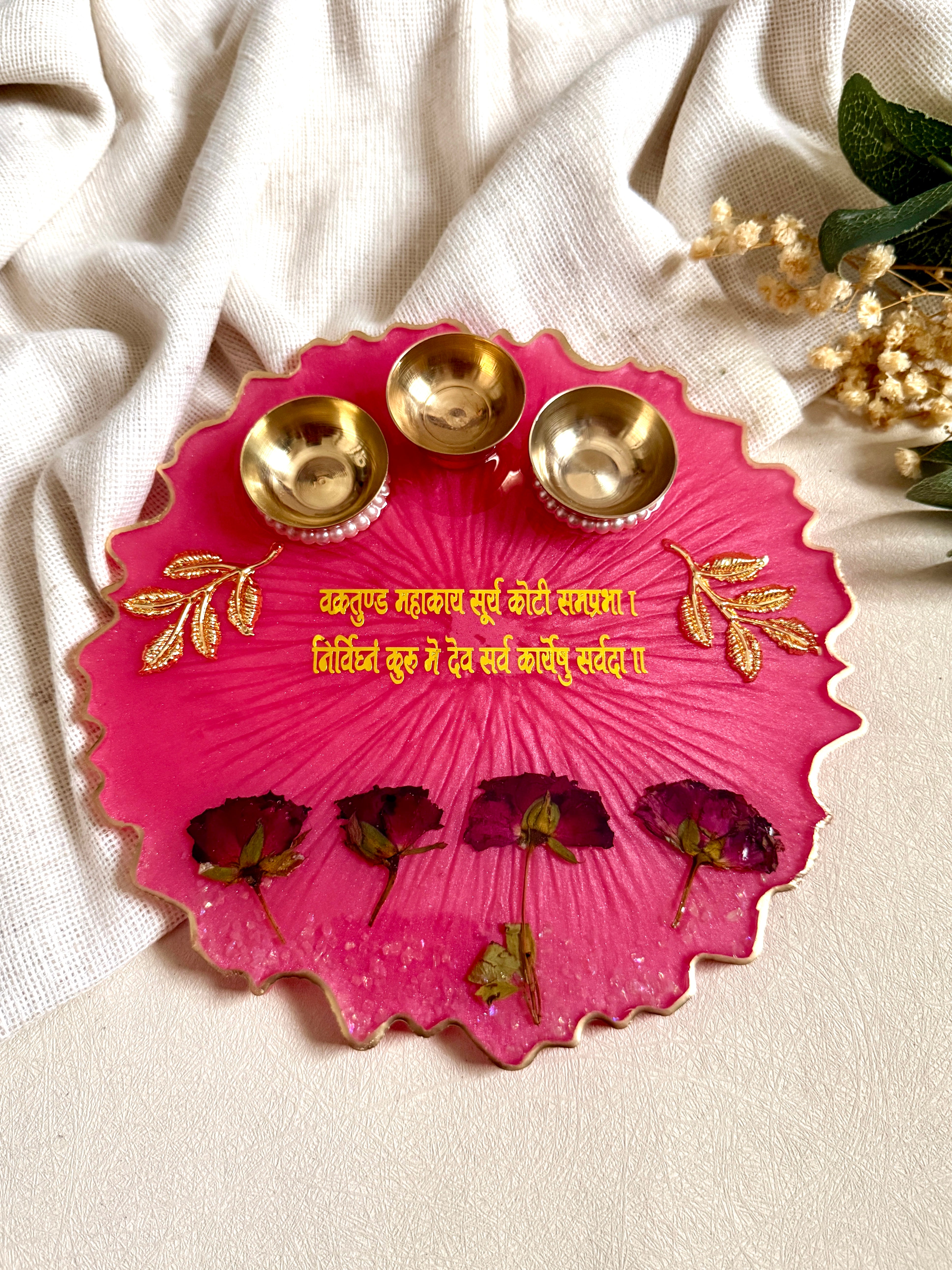 Pink with Rose Petal Resin Pooja Thali