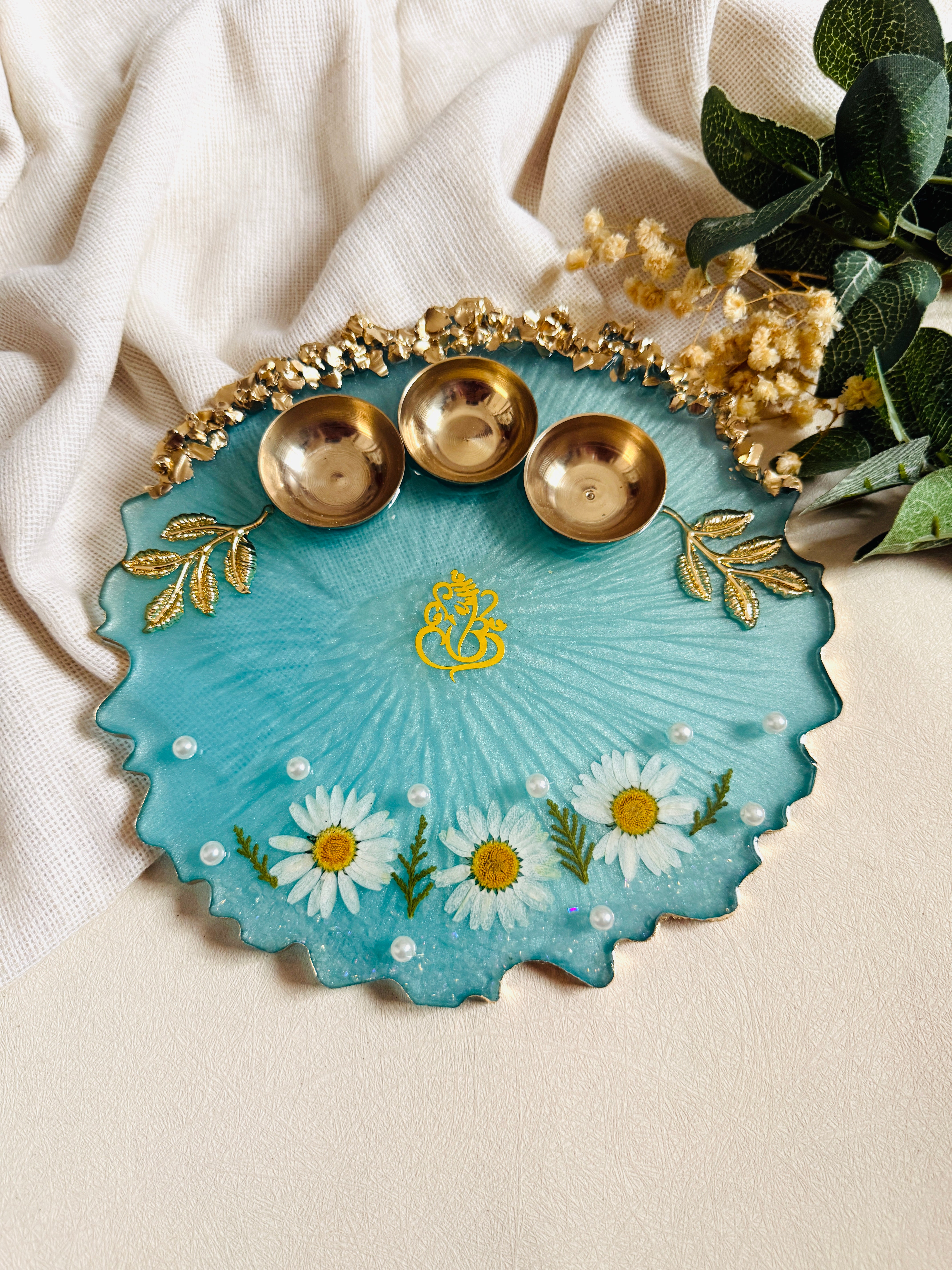 Auqa Blue Designer Resin Pooja Thali