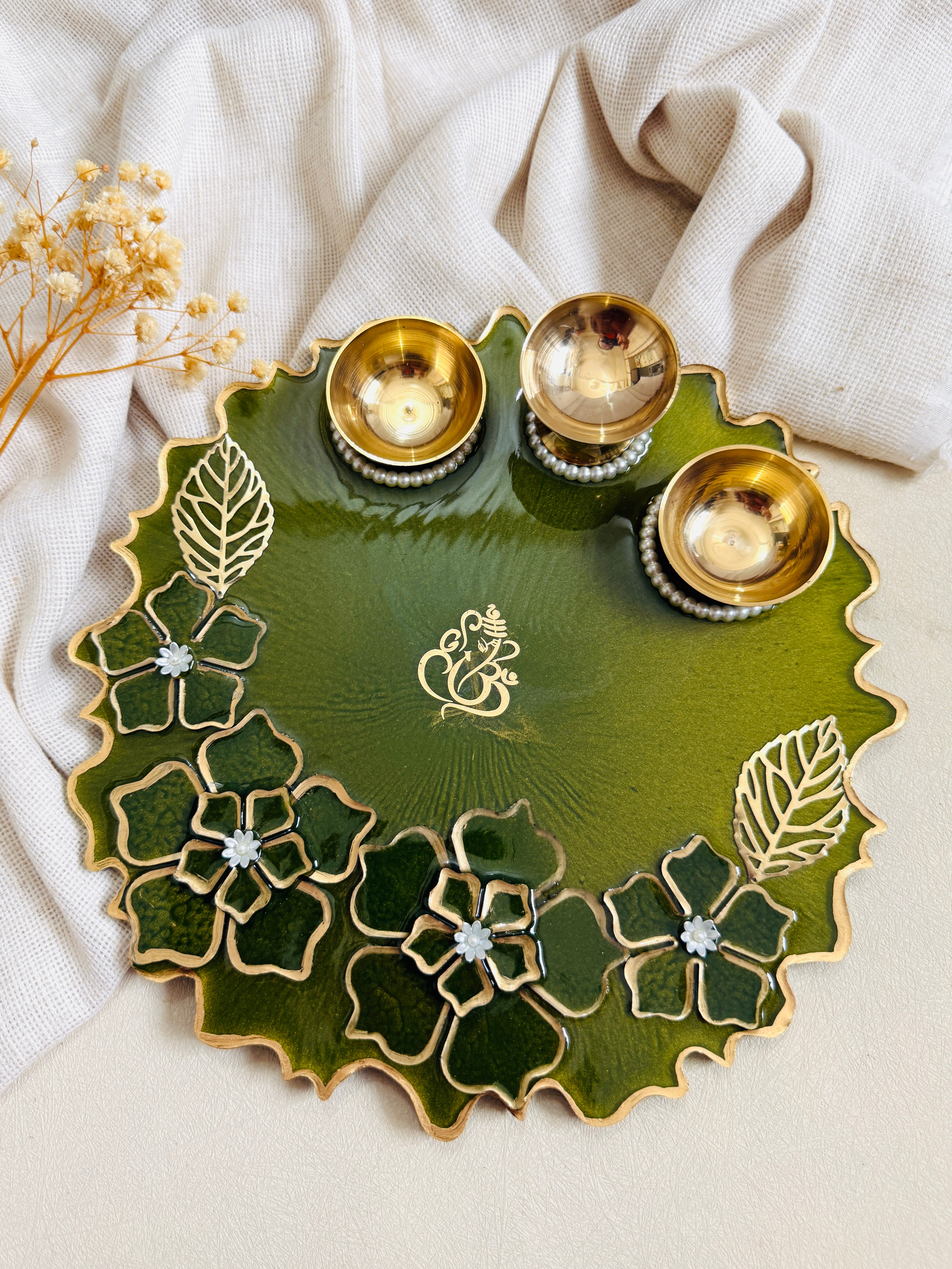 Royal Olive Green Designer Resin Pooja Thali
