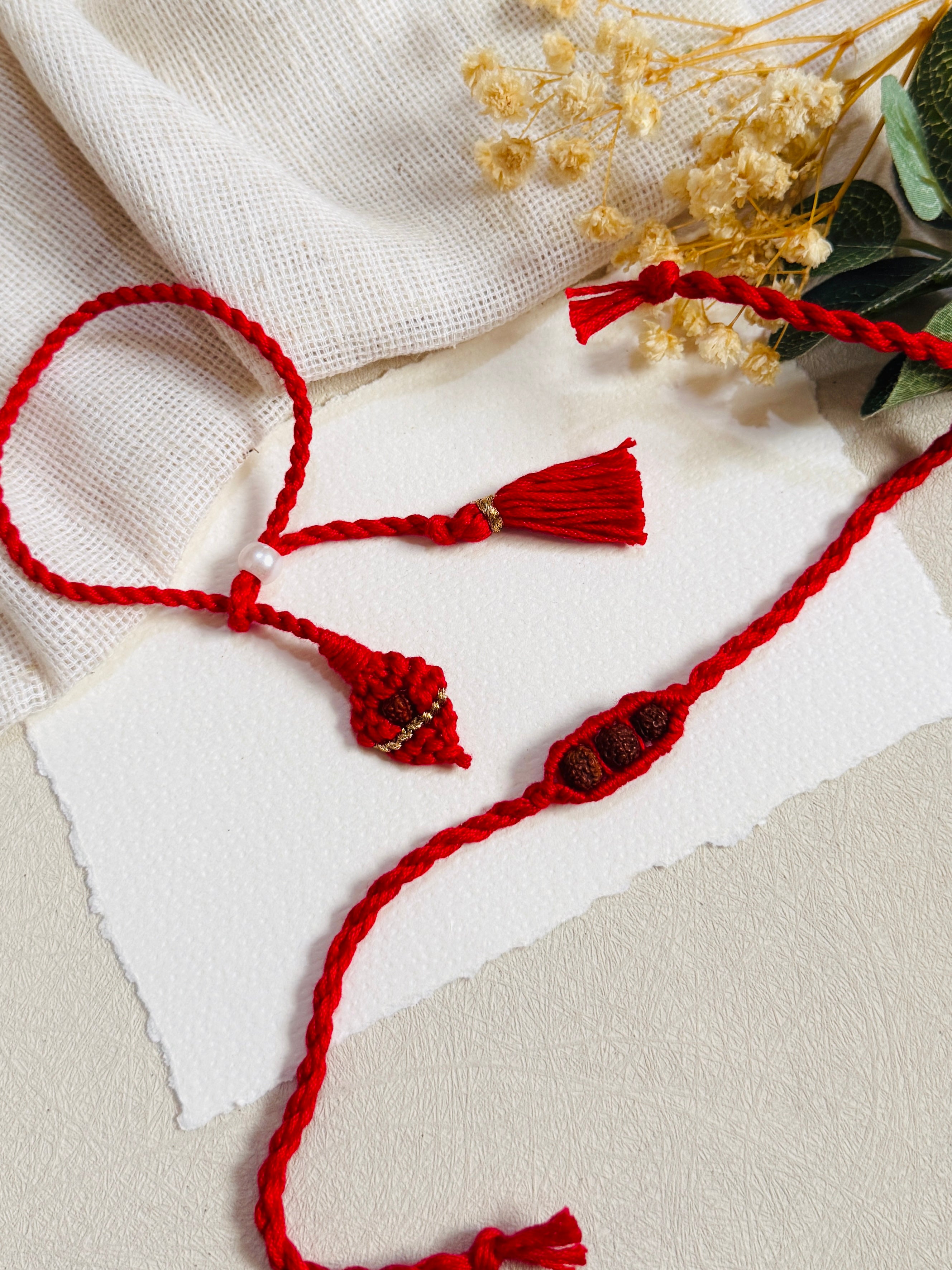 Rudraksha Macrame Red Designer Bhai Bhabhi Rakhi Set