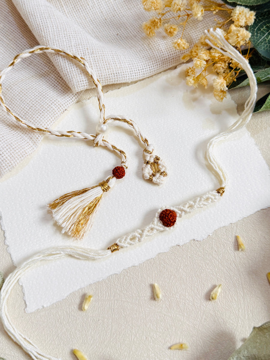 Rudraksha Macrame White Designer Bhai Bhabhi Rakhi Set