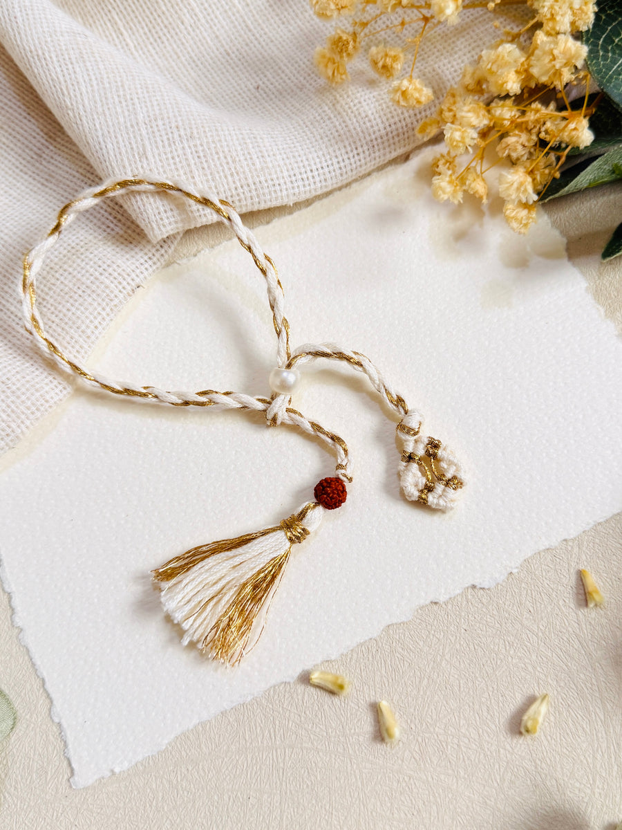 Rudraksha Macrame White Designer Bhabhi Rakhi