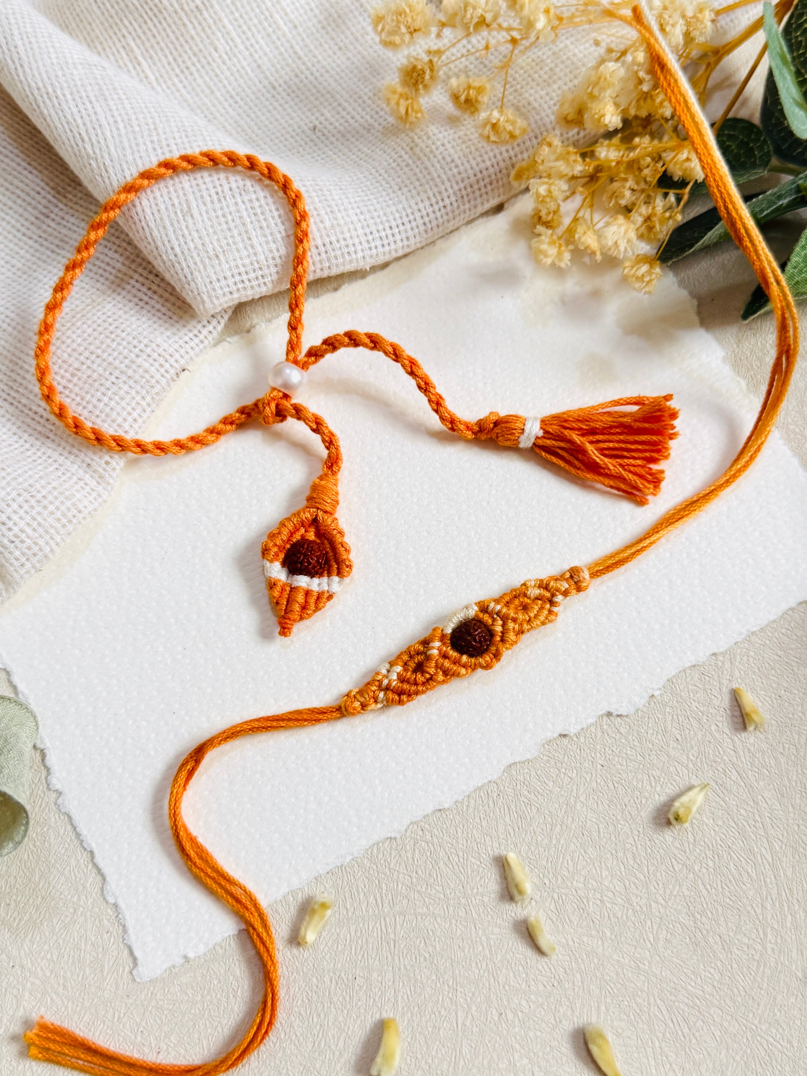Rudraksha Macrame Mustard Designer Bhai Bhabhi Rakhi Set