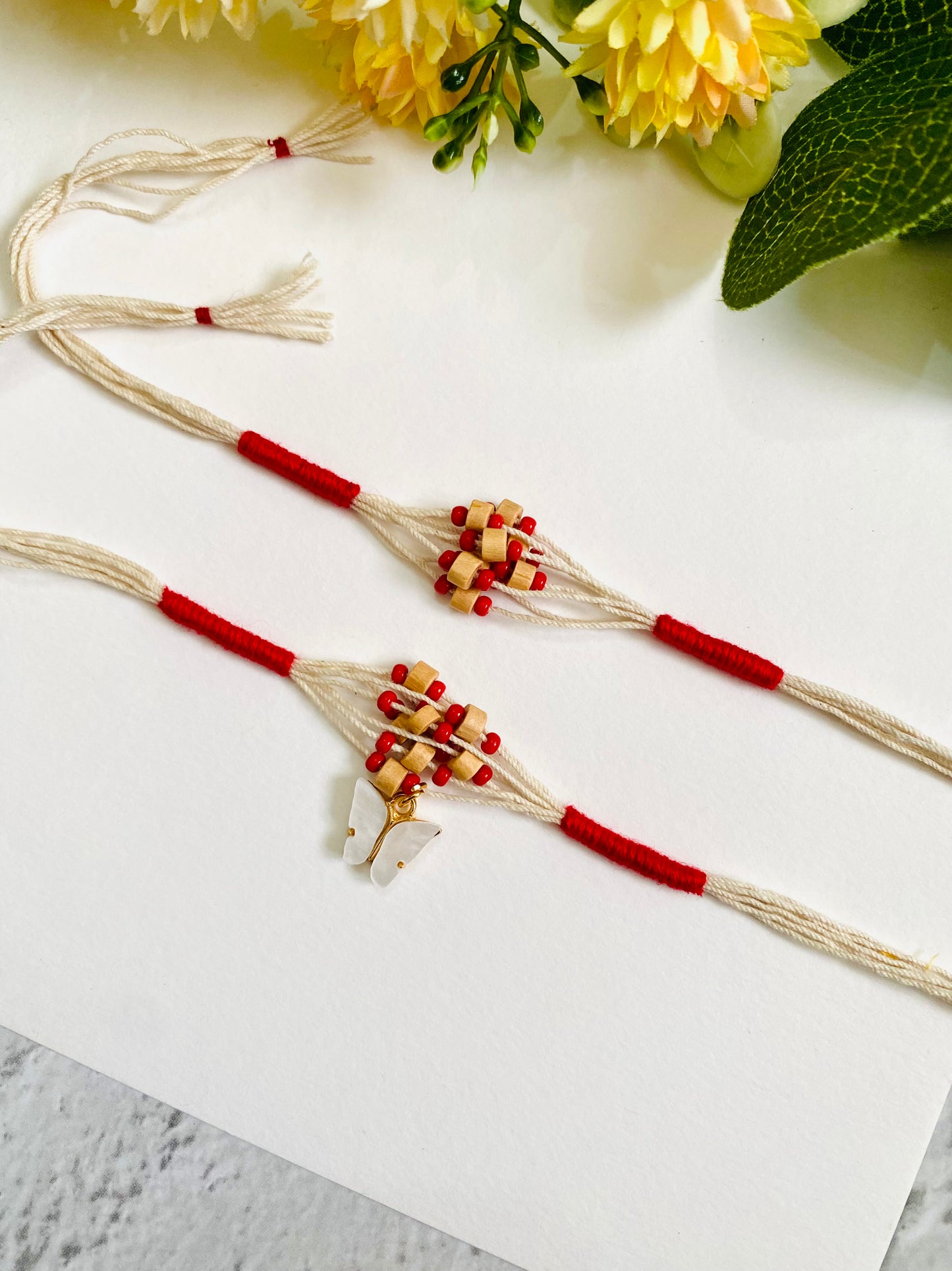 Butterfly Charm And Wooden Beads  Bhai Bhabhi Rakhi Set