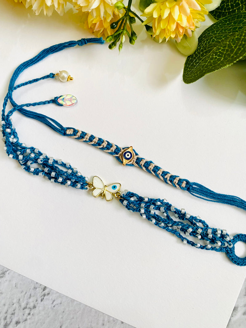 Charm Evil Eye Kontting And Crocheting Blue Band Bhai Bhabhi Rakhi Set