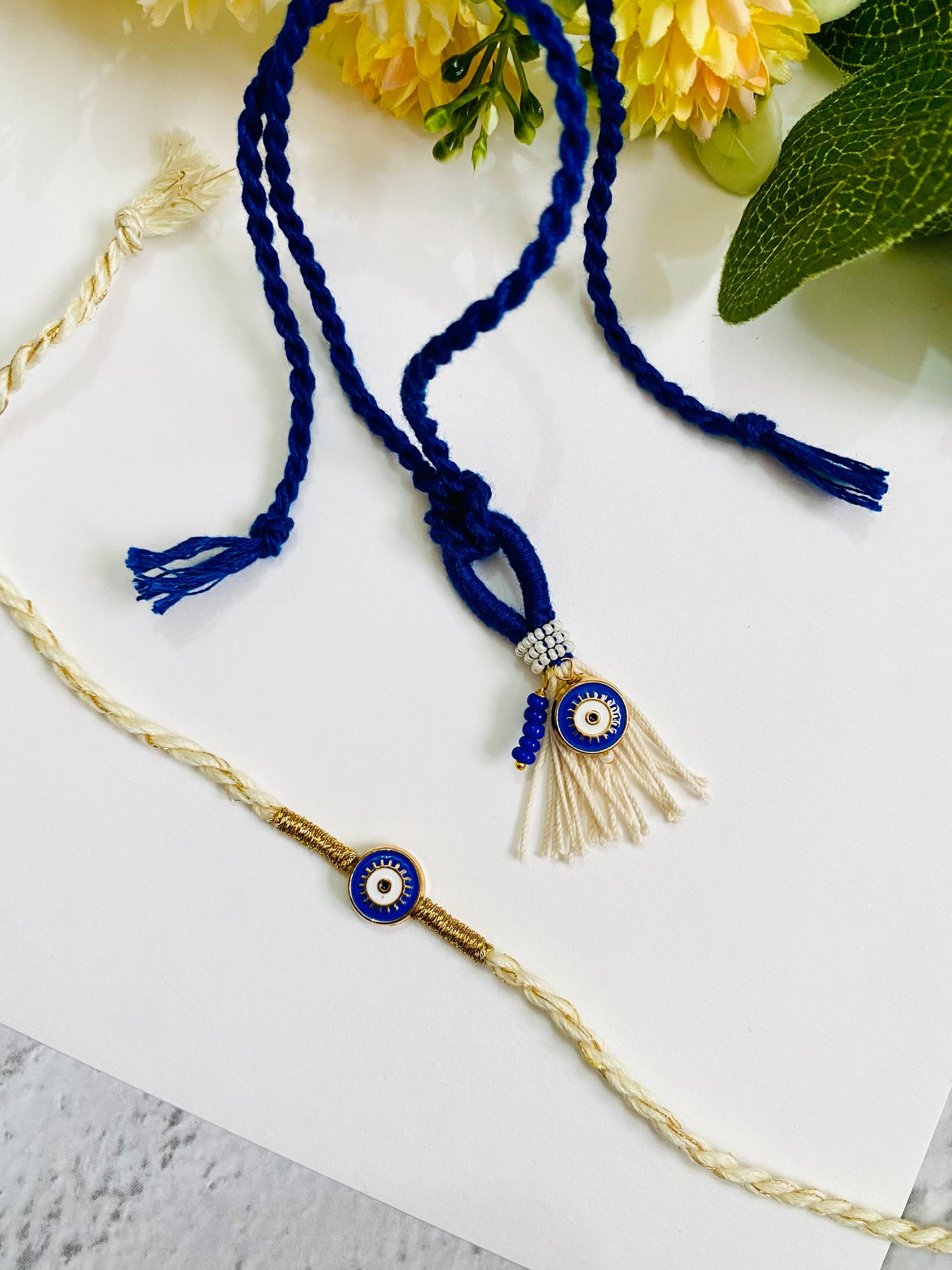 Flat Blue Evil Eye And Lumba Bhai Bhabhi Rakhi Set