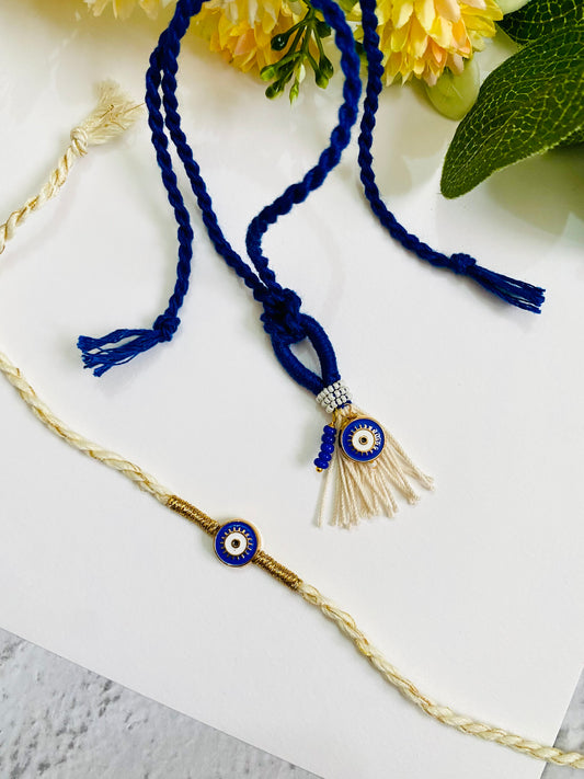 Flat Blue Evil Eye And Lumba Bhai Bhabhi Rakhi Set