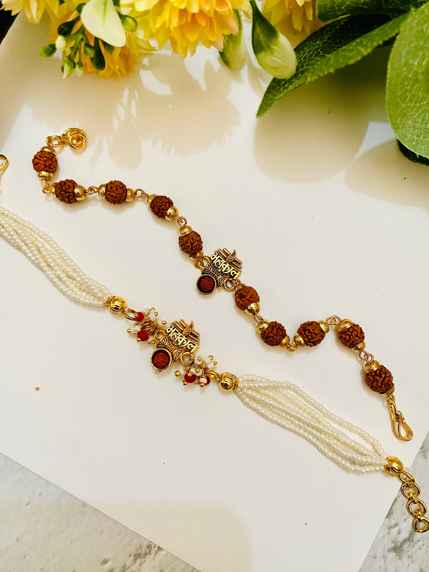 Mahakal Rudraksha  And Bead Bracelet Bhai Bhabhi Rakhi Set