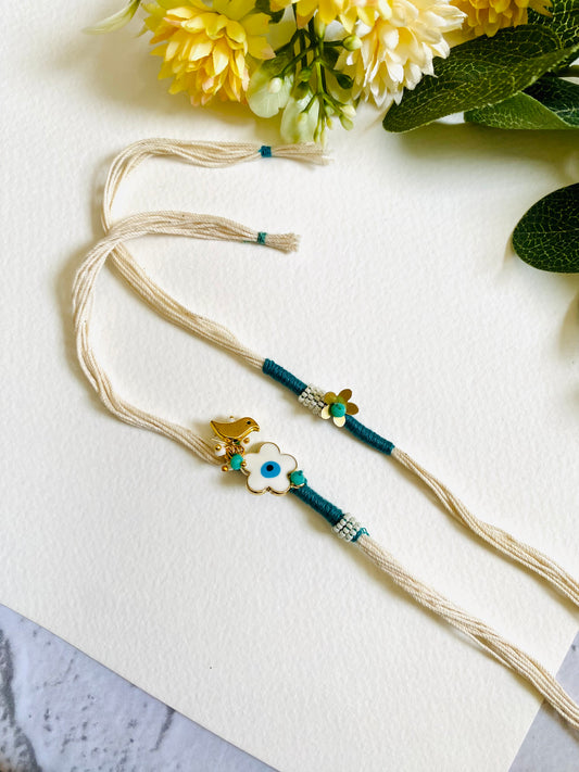 Flower Evil Eye Charm Bhai Bhabhi Rakhi Set