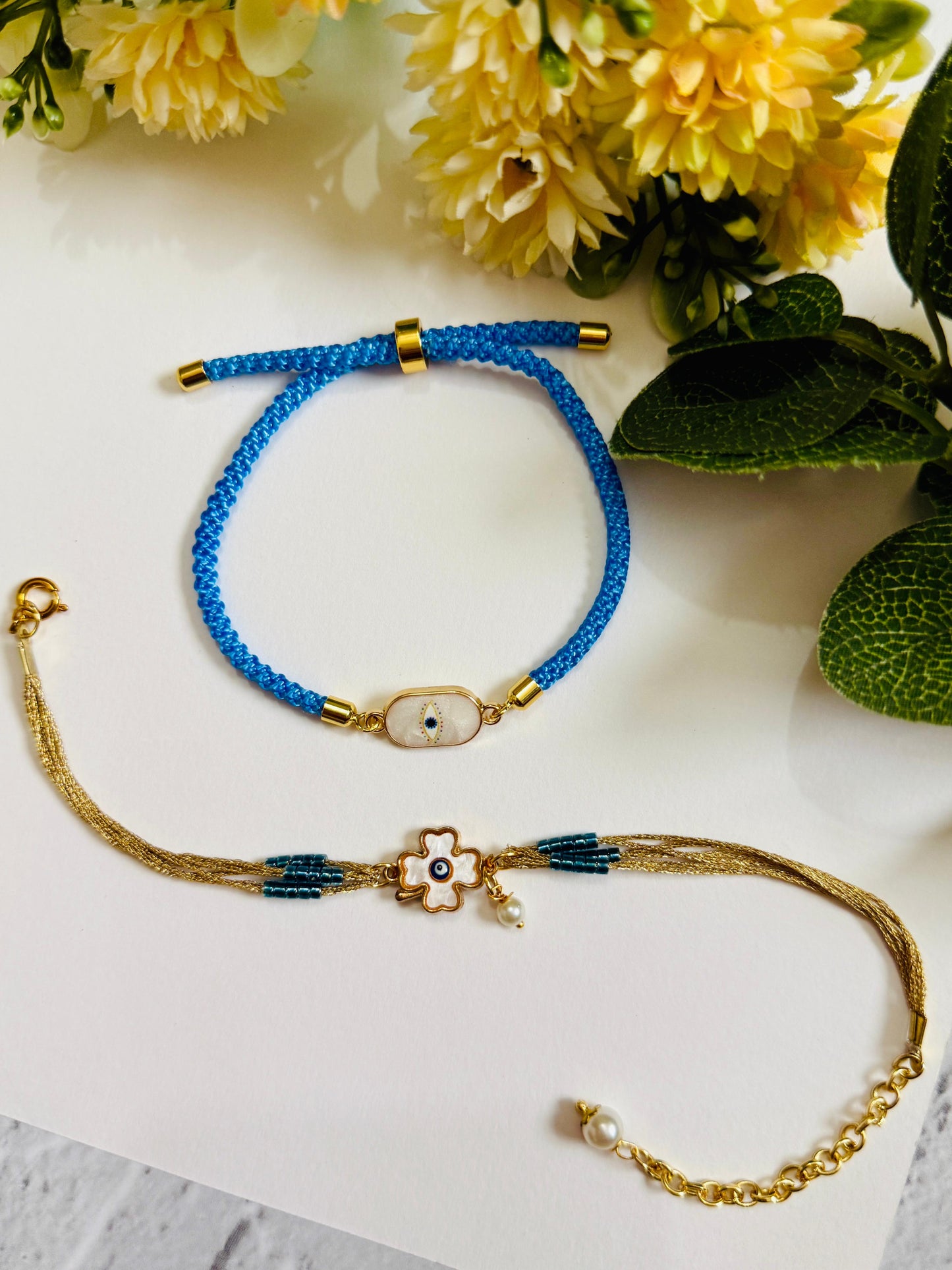 Oval Evil Eye and Lucky Leaf Bracelet Bhai Bhabhi Rakhi Set